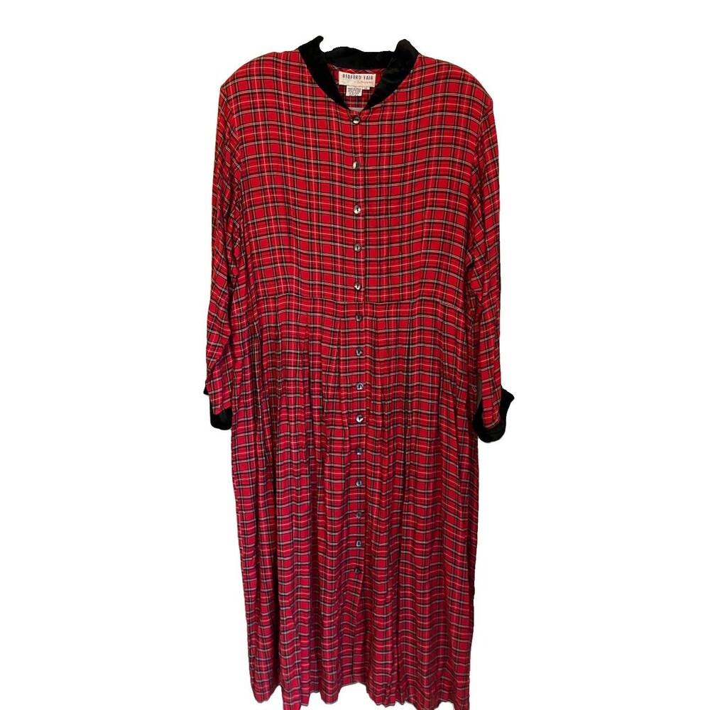 VTG Bedford Fair Plaid Tartan Maxi Dress Shoulder Pads 80s 90s Velvet Accent 1X